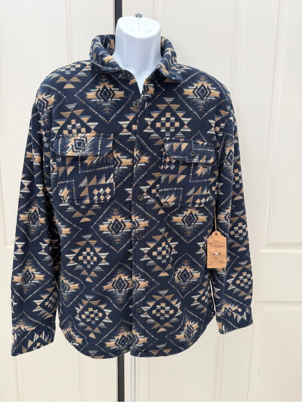 Telluride Southwestern Navy/Tan Pattern Sherpa-lined Button-Up Shacket Sz M